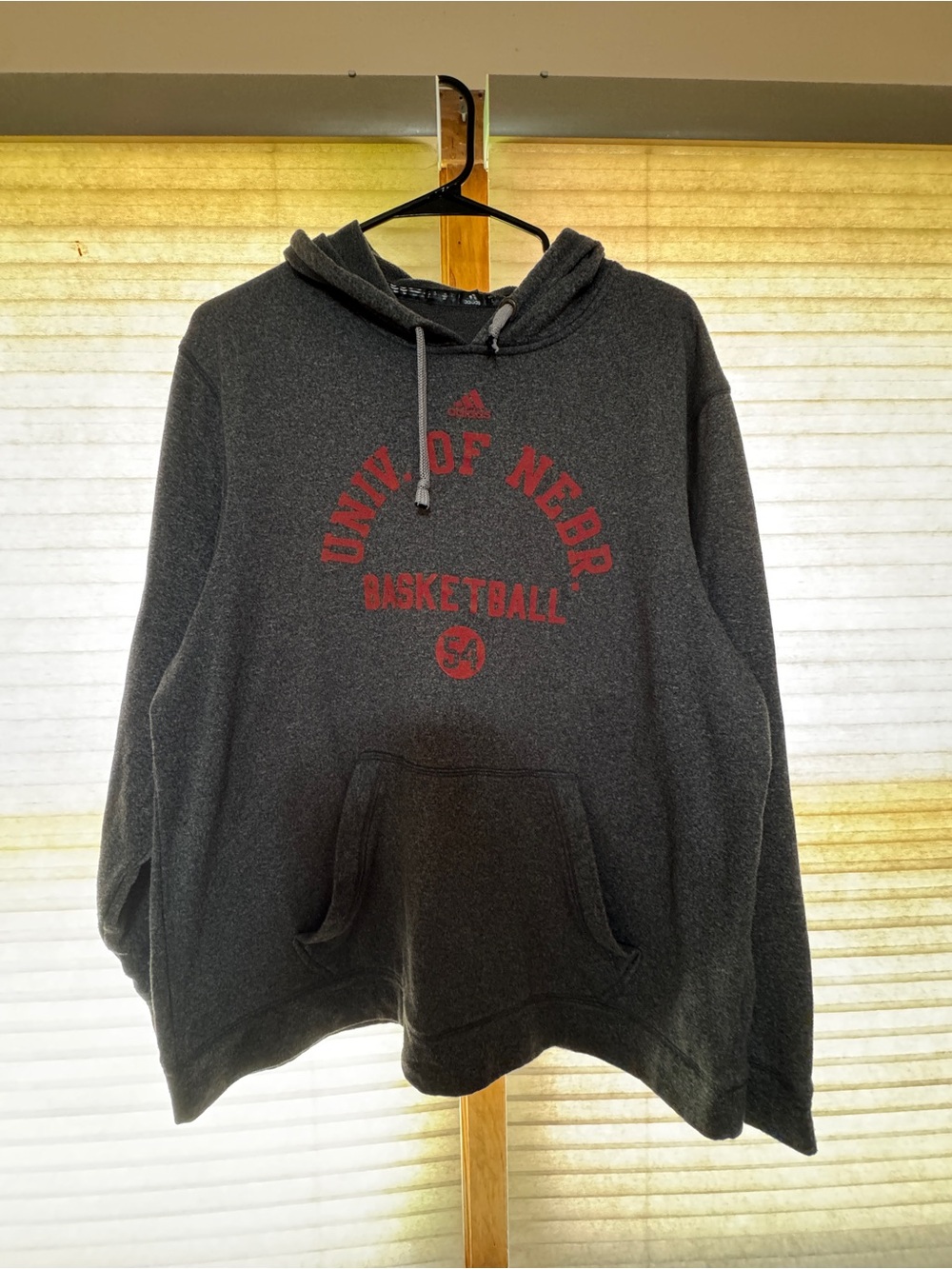 adidas Men’s Dark Charcoal Crewneck Hoodie with Red University Graphic